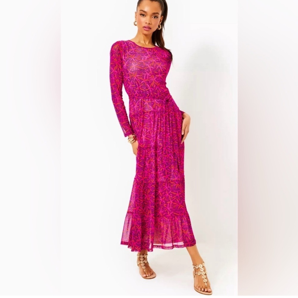 Lilly Pulitzer Vibrant Pink and Orange Midi Dress mesh star fruit pink new L